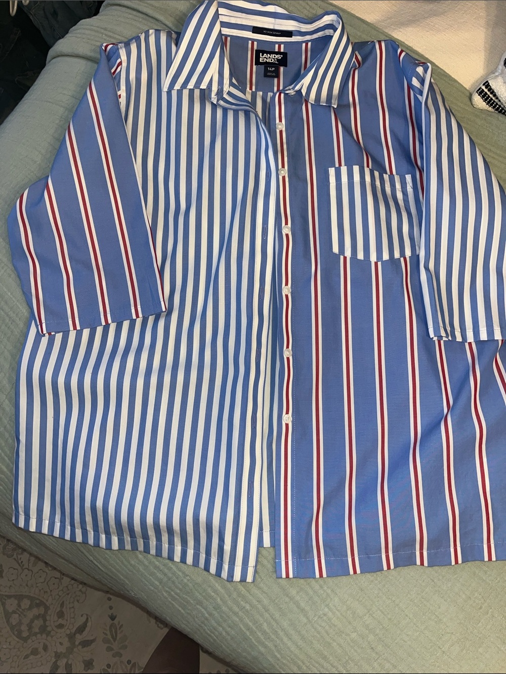 Lands' End Blue Red Striped Mismatched Colorblock Tunic Button Down Shirt 14P